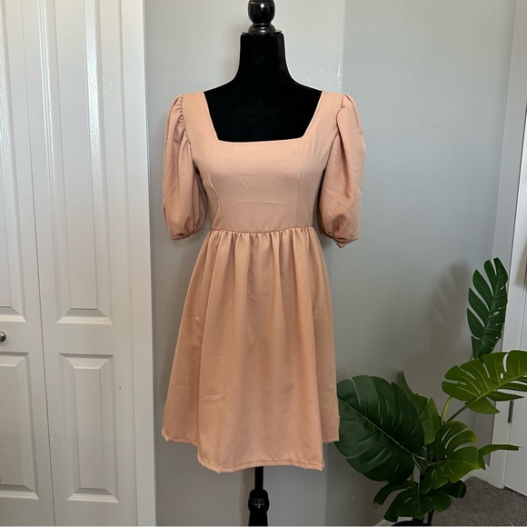 Nude Puff Sleeve Backless Dress - Picture 1 of 4